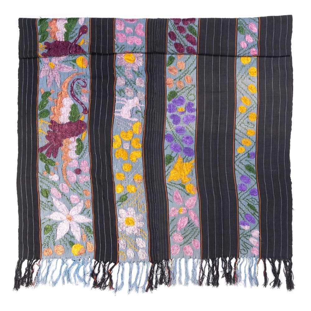 Mexican Embroidered WrapTextile, Black and Blue with Flowers & Birds